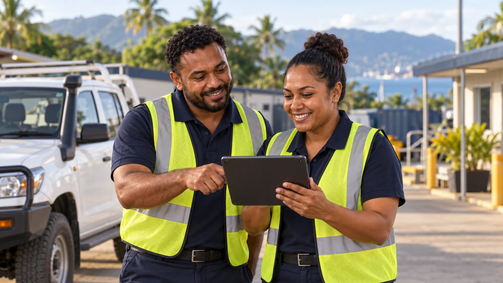 field colleagues reviewing a tablet beside a parked utility vehicle
