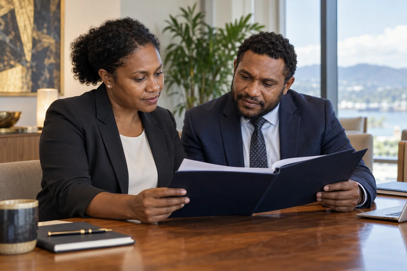 Colleagues reviewing an agreement together
