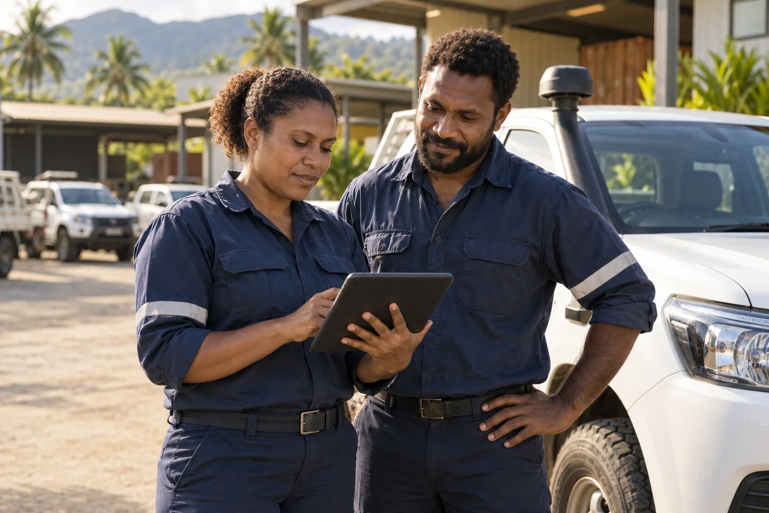 Fleet colleagues beside a parked utility vehicle