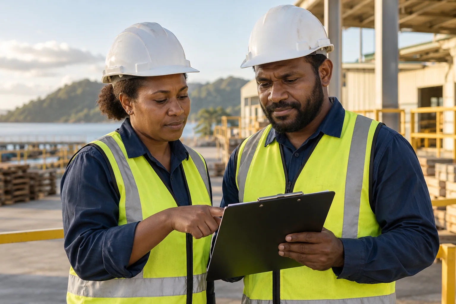 Safety professionals reviewing a workplace inspection
